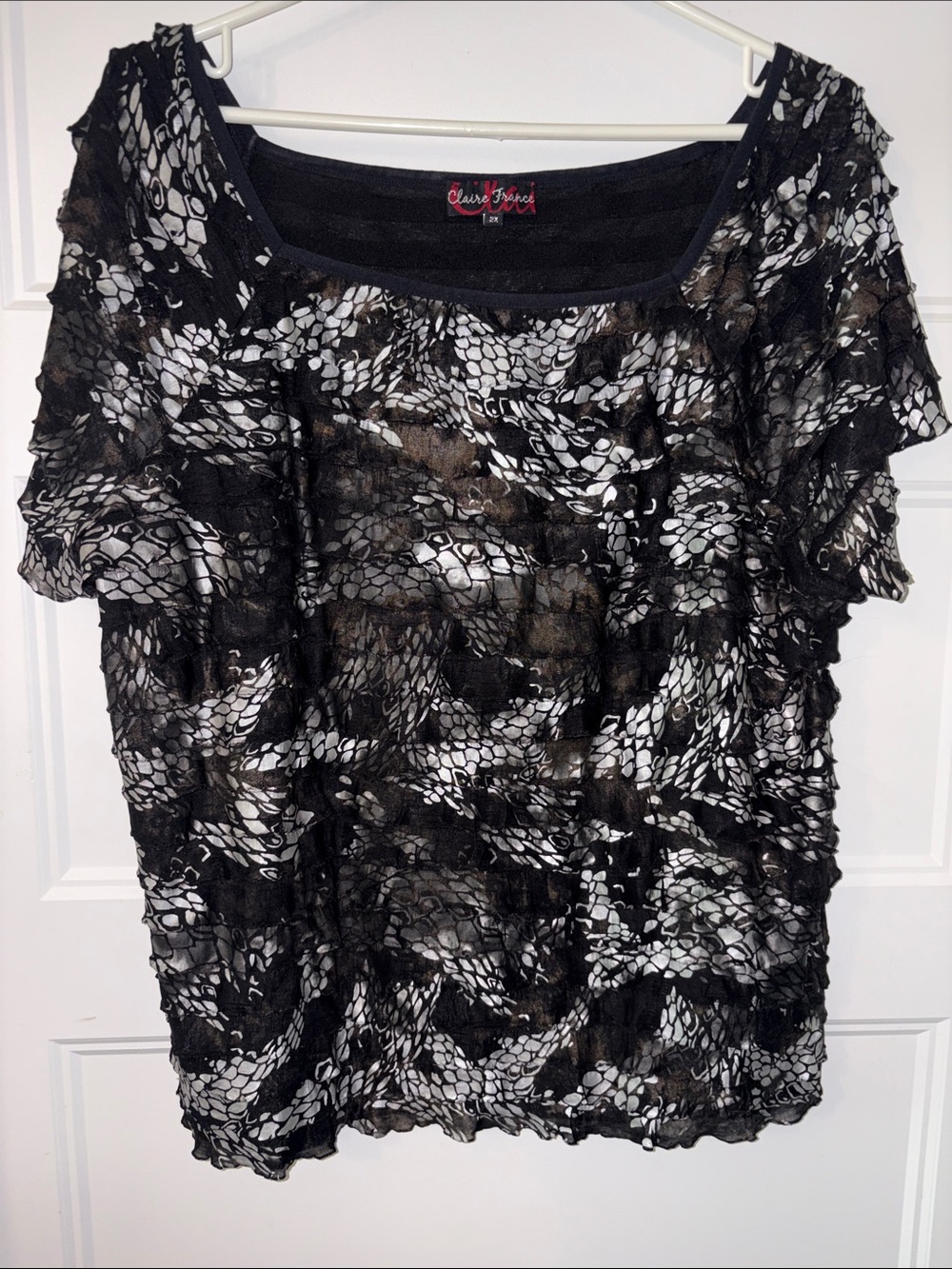 Women’s Black Ruffle Short Sleeve Top - Floral Texture 2X